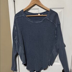 FP ONE Blue Waffle Knit Long Sleeve Top Gauze Elbows Size Small